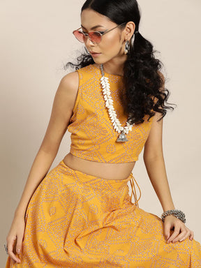 Mustard Bandhej Sleeveless Crop Top With Anarkali Skirt-Ethnic Sets-SASSAFRAS