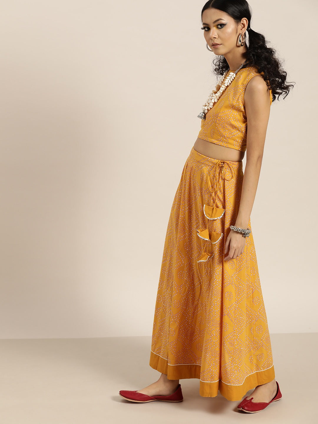 Mustard Bandhej Sleeveless Crop Top With Anarkali Skirt