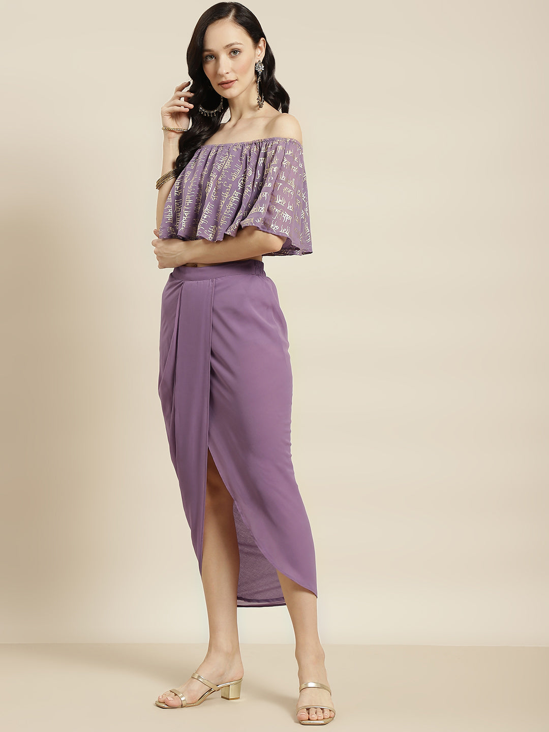 Women Purple Shloka Foil Crop Top With Dhoti Skirt