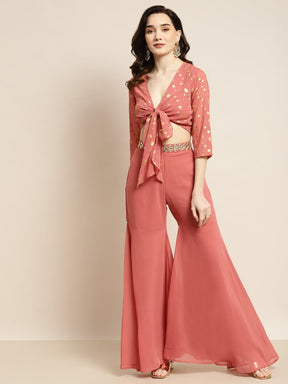 Women Rust Foil Print Crop Top With Sharara Pants-Co-Ords-SASSAFRAS