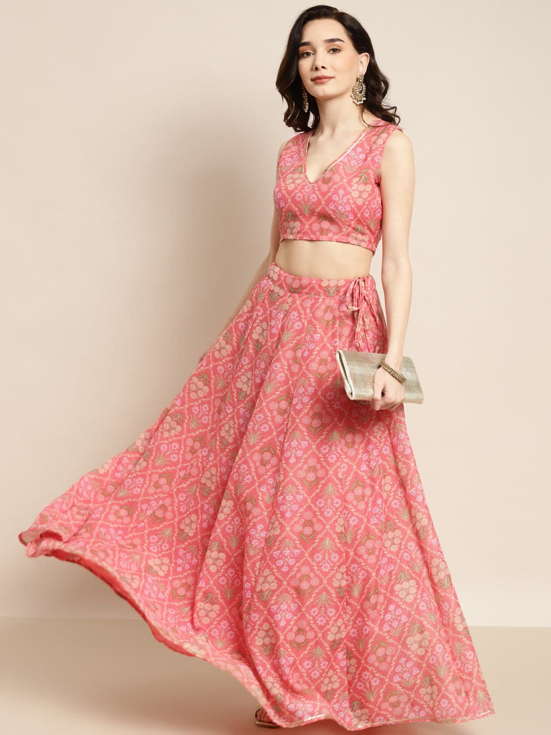 Women Peach Mughal Floral Crop Top With Anarkali Skirt-Lehenga Choli Set-SASSAFRAS