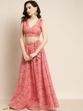 Women Peach Mughal Floral Crop Top With Anarkali Skirt