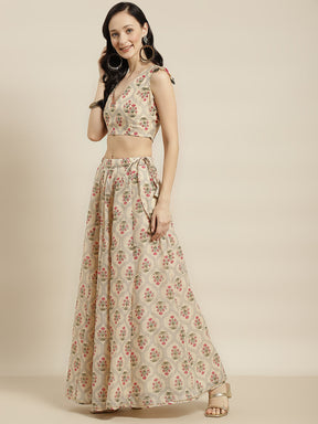 Women Beige Mughal Floral Crop Top With Anarkali Skirt