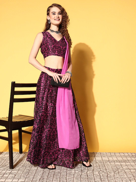 Pink Floral Crop Top With Aanrakali Skirt-Shae by SASSAFRAS