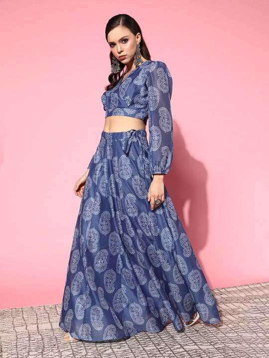 Women Blue Paisley Wrap Crop Top With Aanarkali Skirt