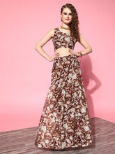Brown Floral Crop Top With Aanrakali Skirt-Shae by SASSAFRAS