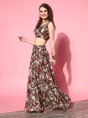 Women Brown Floral Crop Top With Aanrakali Skirt