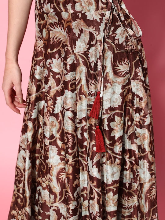 Women Brown Floral Crop Top With Aanrakali Skirt