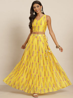 Women Yellow Chanderi Floral Crop Top With Aanrkali Skirt