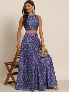 Women Purple Mughal Floral Crop Top With Anarkali Skirt-Lehenga Choli Set-SASSAFRAS