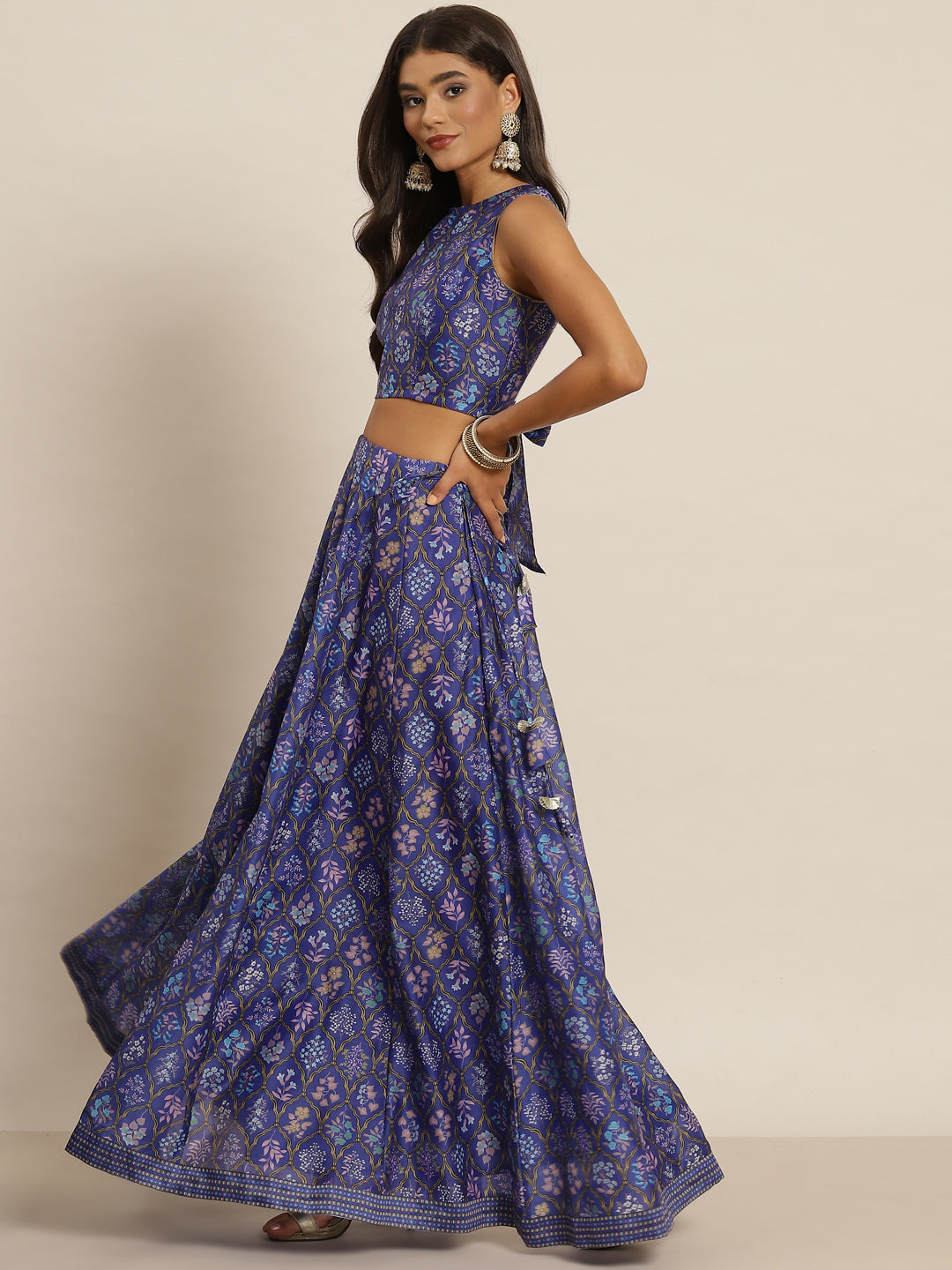 Women Purple Mughal Floral Crop Top With Anarkali Skirt