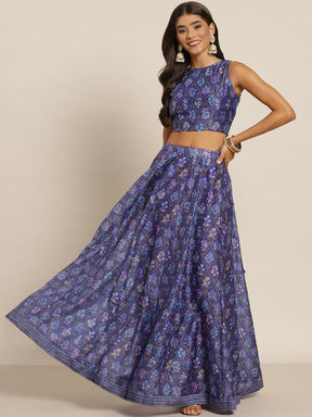 Women Purple Mughal Floral Crop Top With Anarkali Skirt