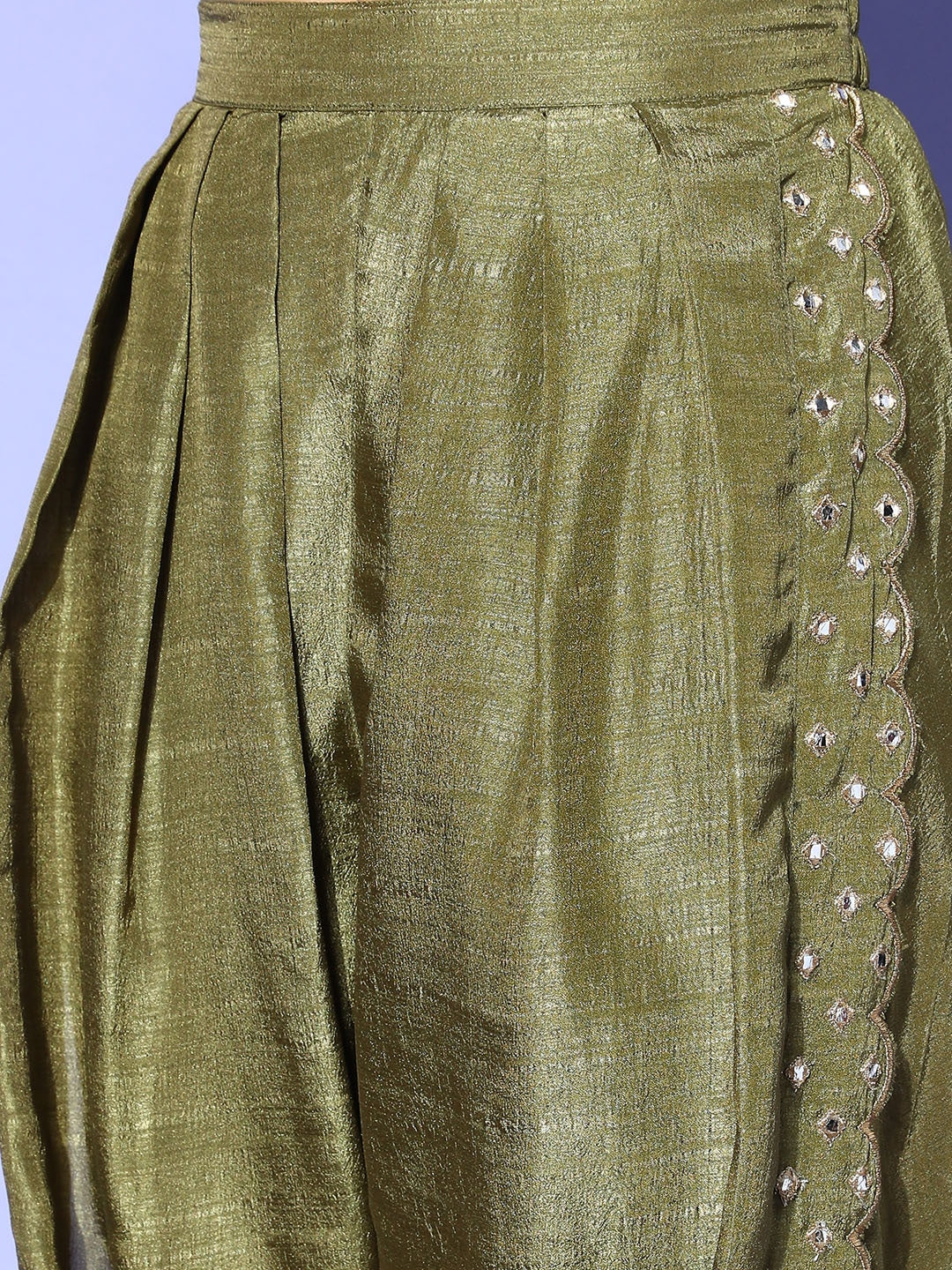Women Olive Mirror Embroidered Top With Dhoti Pants