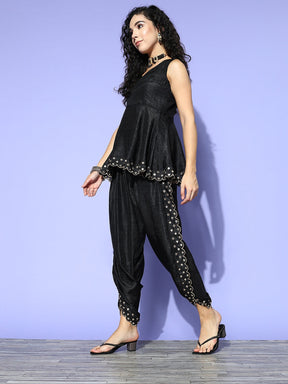 Women Black Mirror Embroidered Top With Dhoti Pants