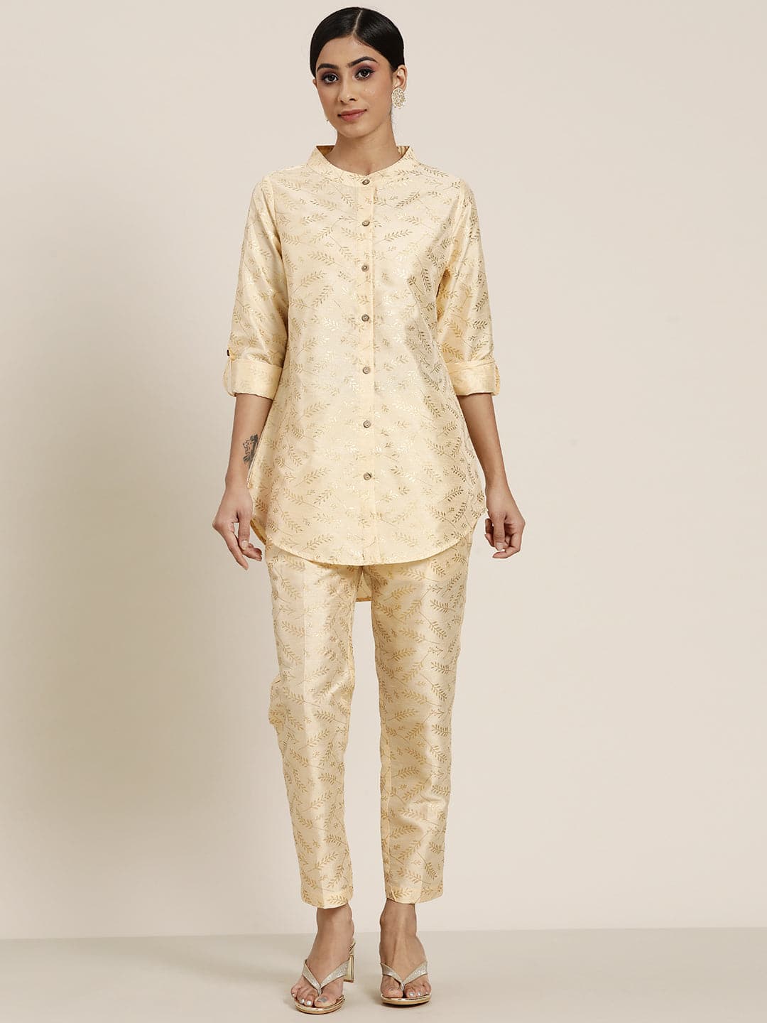 Beige Chanderi Gold Foil Shirt With Pencil Pants Shae by SASSAFRAS