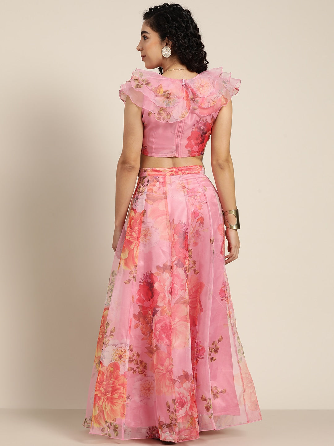 Women Pink Organza Floral Crop Top With Anarkali Skirt