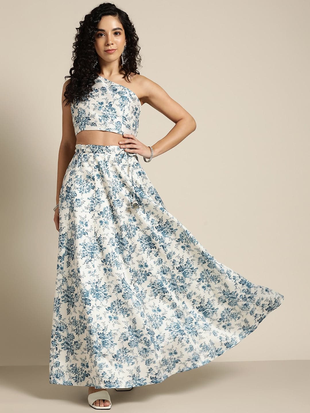 Blue Floral Chanderi Crop Top With Anarkali Skirt-Shae by SASSAFRAS