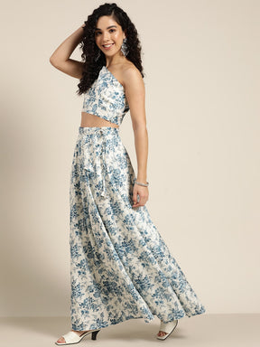 Women Blue Floral Chanderi Crop Top With Anarkali Skirt
