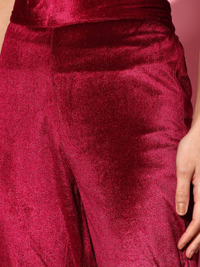 Women Maroon Velvet Embroidered Kurta With Pants