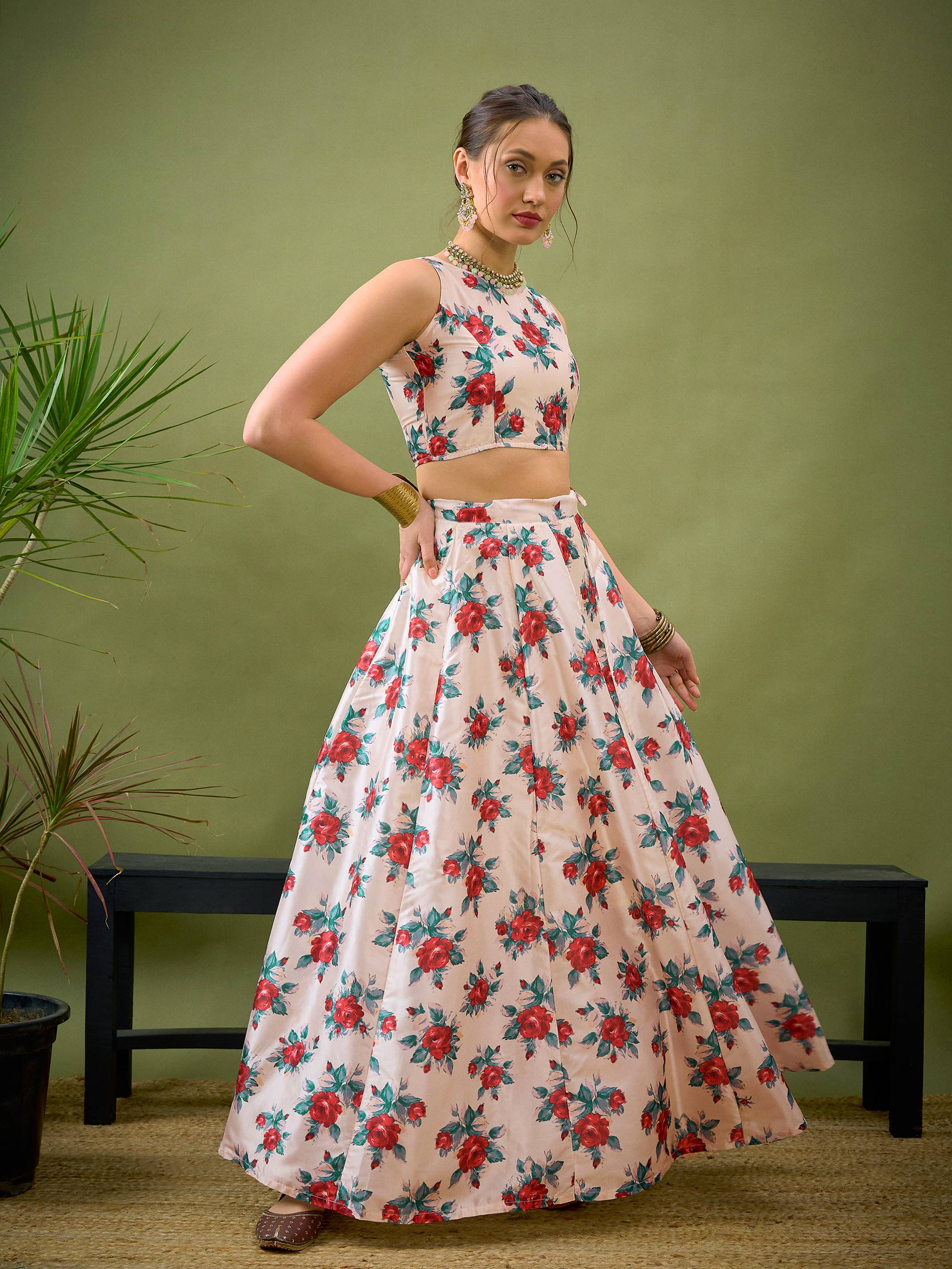 Cream Floral Crop Top with Anarkali Skirt-Shae by SASSAFRAS