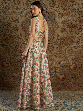 Women Peach Chanderi Floral Crop Top With Anarkali Skirt