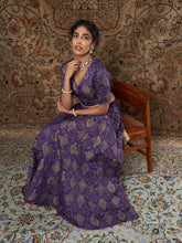 Purple Brocade Floral Crop Top With Aanrkali Skirt-Shae by SASSAFRAS