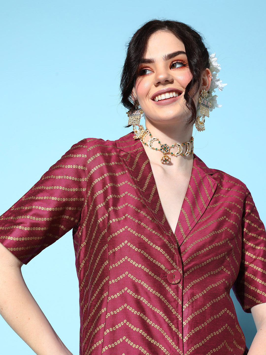 Burgundy Cotton Silk Foil Blazer With Anarkali Skirt-Shae by SASSAFRAS