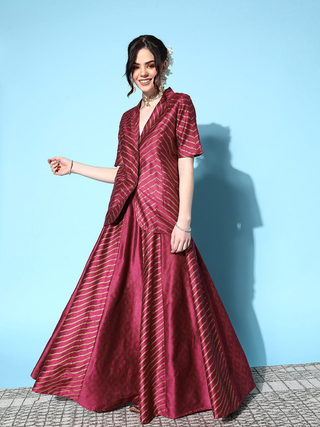 Burgundy Cotton Silk Foil Blazer With Anarkali Skirt-Shae by SASSAFRAS