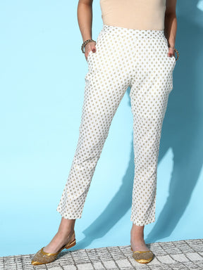 Off White Cotton Silk Foil Blazer With Pencil Pants-Shae by SASSAFRAS