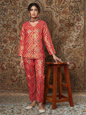 Red Large Indian Motif Brocade Shirt With Pants-Shae by SASSAFRAS
