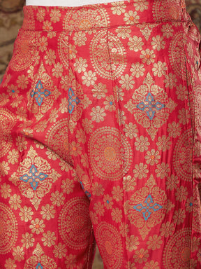 Women Red Large Indian Motif Brocade Shirt With Pants