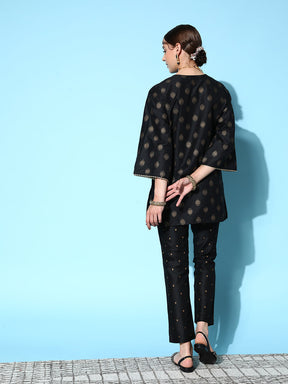 Black Cotton Silk Foil Short Kurta With Pencil Pants-Shae by SASSAFRAS