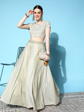 Off White Cotton Silk Foil Crop Top With Anarkali Skirt-Shae by SASSAFRAS