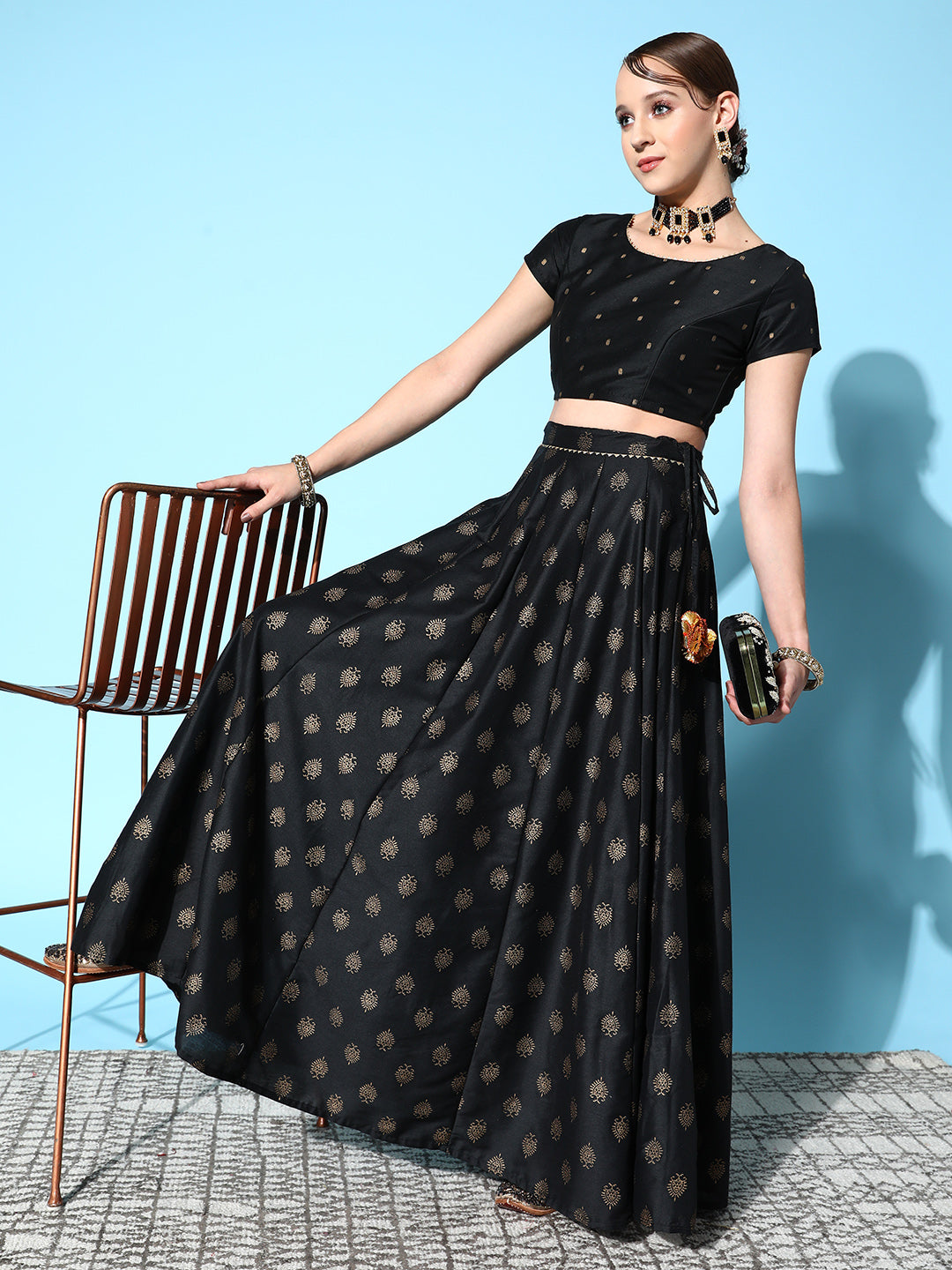 Black Cotton Silk Foil Crop Top With Anarkali Skirt-Shae by SASSAFRAS