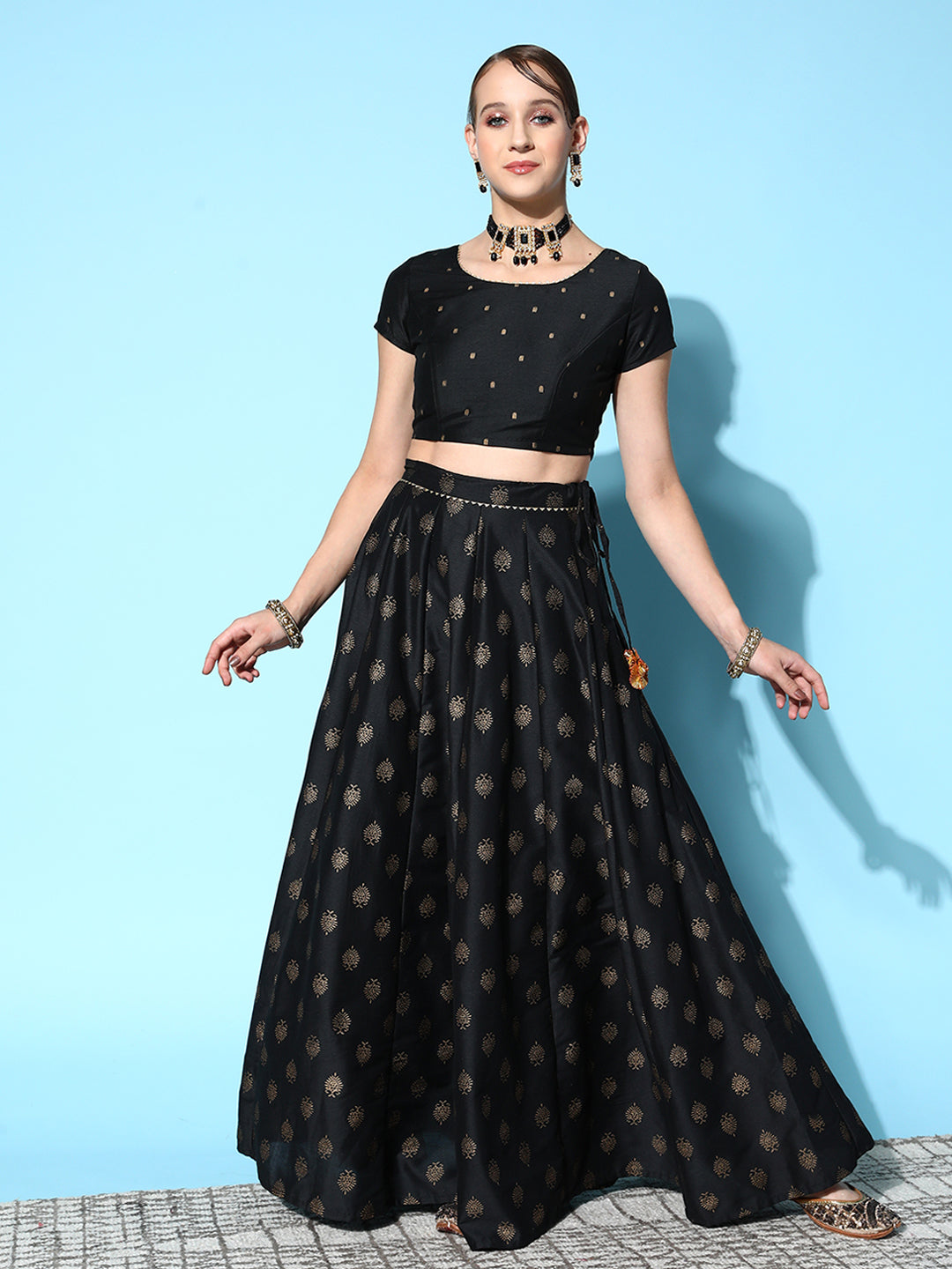 Black Cotton Silk Foil Crop Top With Anarkali Skirt-Shae by SASSAFRAS