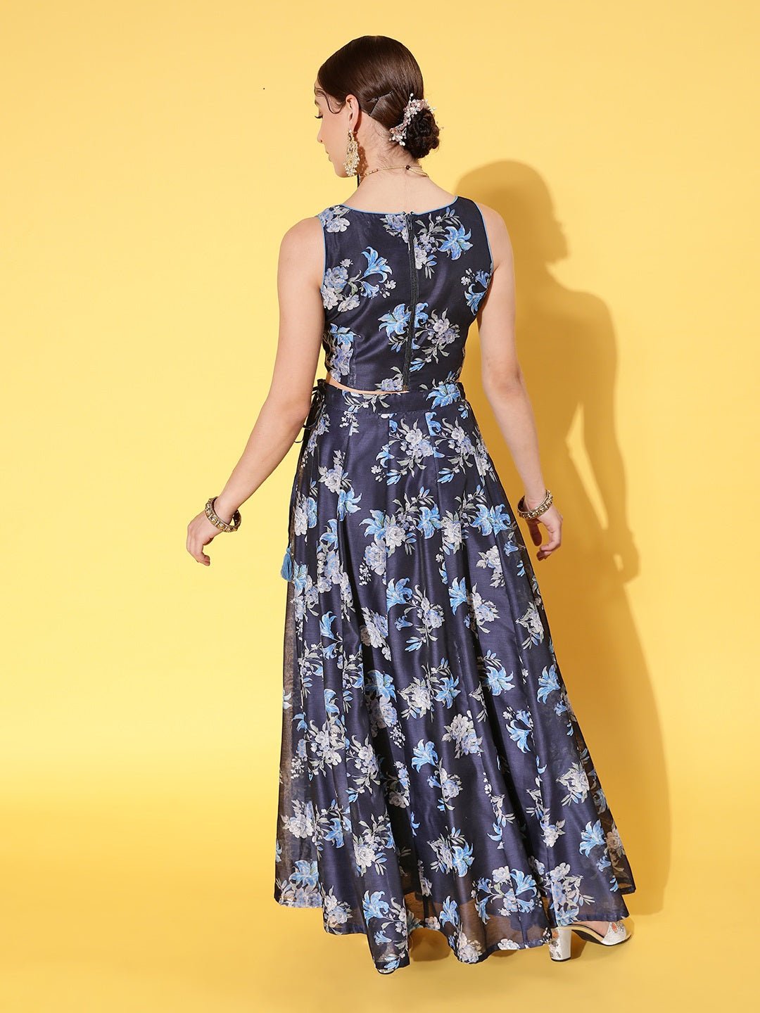 Navy Floral Sweetheart Crop Top With Anarkali Skirt -Shae by SASSAFRAS