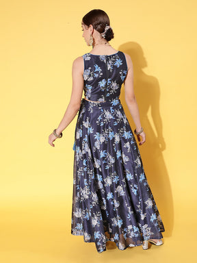 Navy Floral Sweetheart Crop Top With Anarkali Skirt -Shae by SASSAFRAS