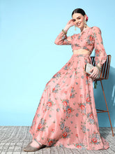 Peach Floral Wrap Crop Top With Anarkali Skirt -Shae by SASSAFRAS