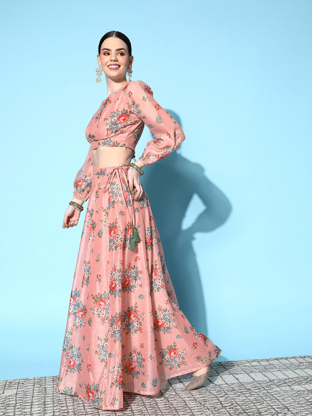 Peach Floral Wrap Crop Top With Anarkali Skirt -Shae by SASSAFRAS