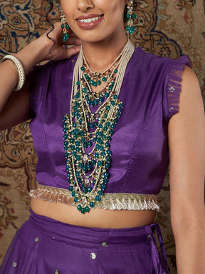 Women Purple Crepe Top With Tulle Aanrkali Skirt