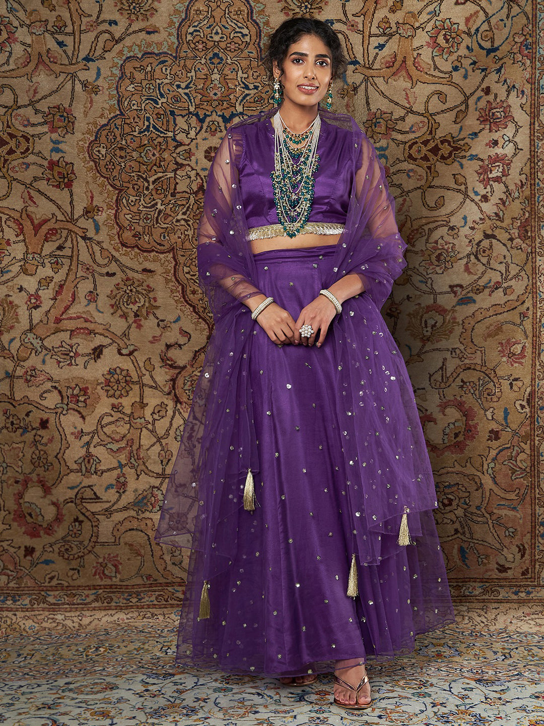Purple Crepe Top With Tulle Aanrkali Skirt And Dupatta-Shae by SASSAFRAS