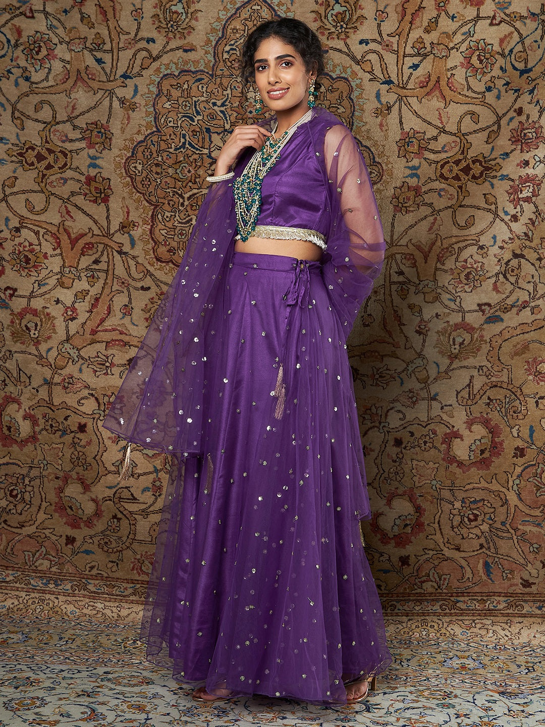 Women Purple Crepe Top With Tulle Aanrkali Skirt And Dupatta