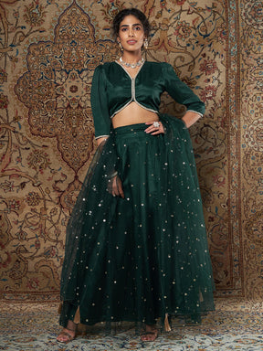 Green Crepe Top With Tulle Aanrkali Skirt And Dupatta-Shae by SASSAFRAS