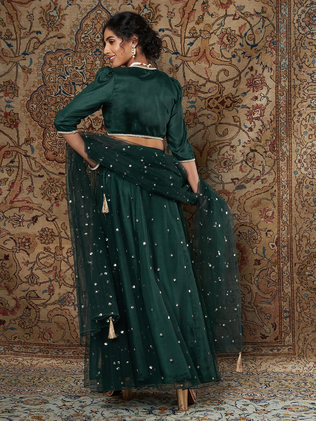 Women Green Crepe Top With Tulle Aanrkali Skirt And Dupatta