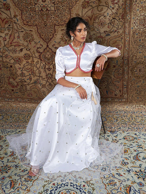 White Satin Top With Tulle Aanrkali Skirt-Shae by SASSAFRAS