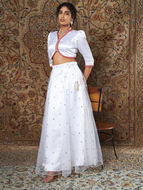Women White Satin Top With Tulle Aanrkali Skirt