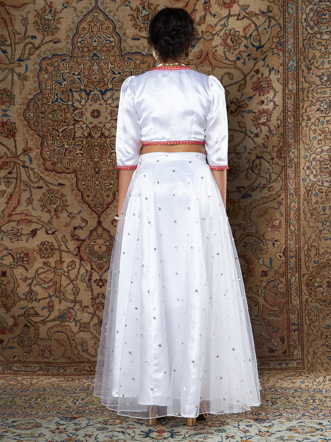 Women White Satin Top With Tulle Aanrkali Skirt