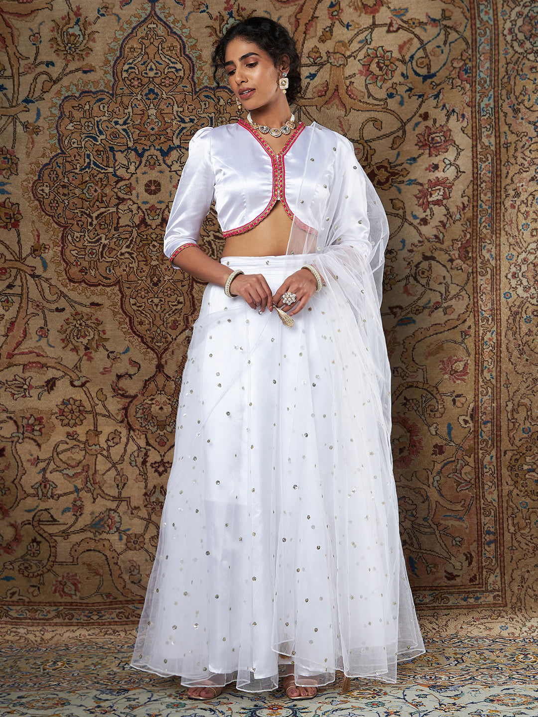 White Satin Top With Tulle Aanrkali Skirt And Dupatta-Shae by SASSAFRAS