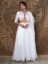 White Satin Top With Tulle Aanrkali Skirt And Dupatta-Shae by SASSAFRAS