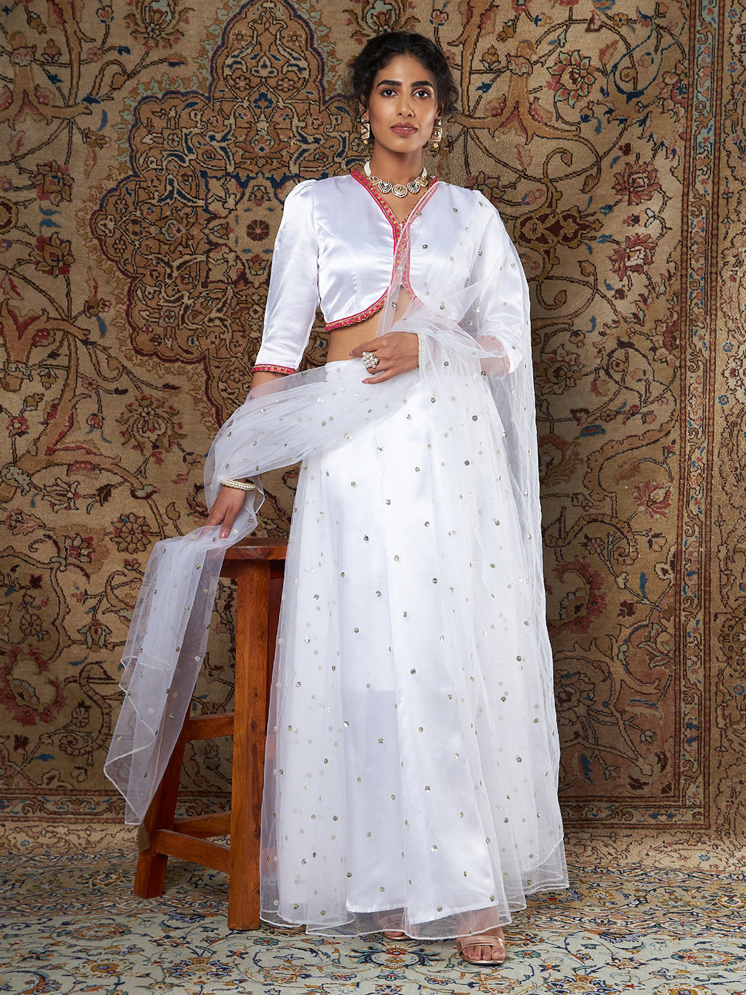 Women White Satin Top With Tulle Aanrkali Skirt And Dupatta